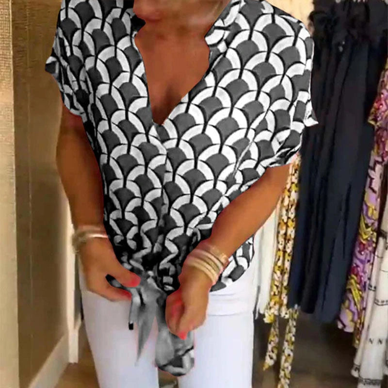 Women’s Printed V-Neck Short Sleeve Casual Blouse