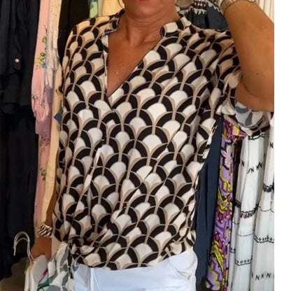 Women’s Printed V-Neck Short Sleeve Casual Blouse