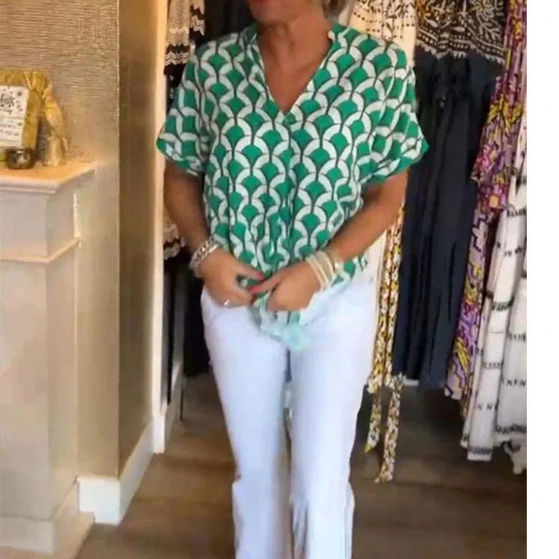 Women’s Printed V-Neck Short Sleeve Casual Blouse