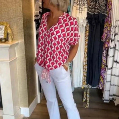 Women’s Printed V-Neck Short Sleeve Casual Blouse