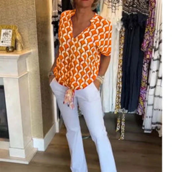 Women’s Printed V-Neck Short Sleeve Casual Blouse
