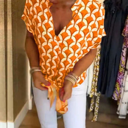 Women’s Printed V-Neck Short Sleeve Casual Blouse
