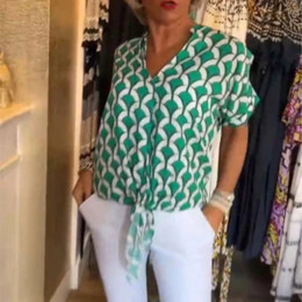 Women’s Printed V-Neck Short Sleeve Casual Blouse