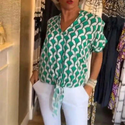 Women’s Printed V-Neck Short Sleeve Casual Blouse