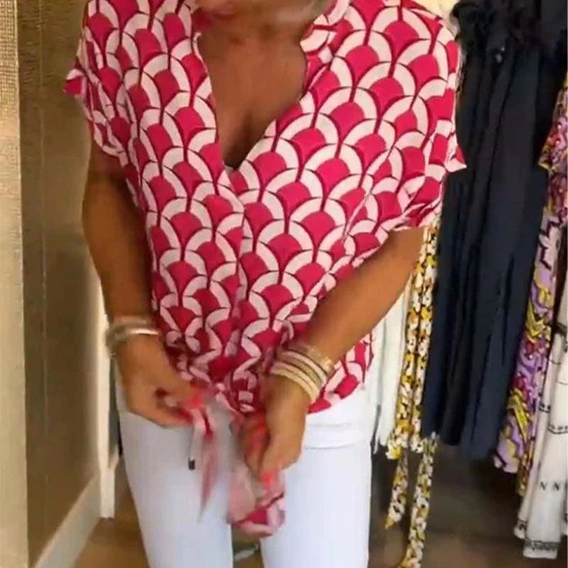 Women’s Printed V-Neck Short Sleeve Casual Blouse