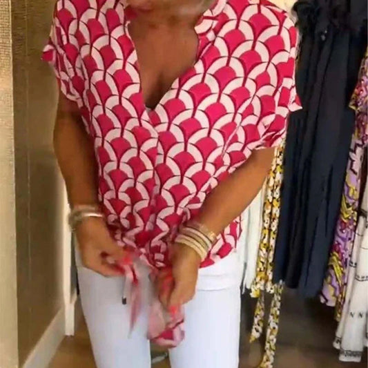 Women’s Printed V-Neck Short Sleeve Casual Blouse