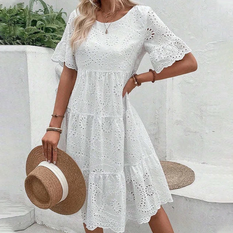 Women’s Floral Cut-Out Embroidered Round Neck Dress