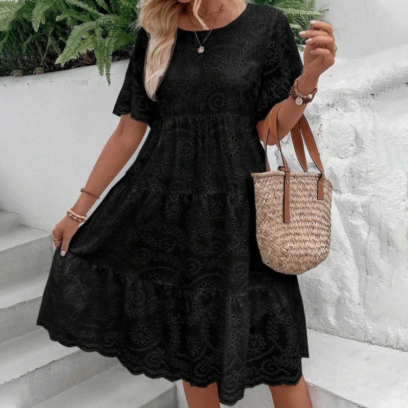 Women’s Floral Cut-Out Embroidered Round Neck Dress