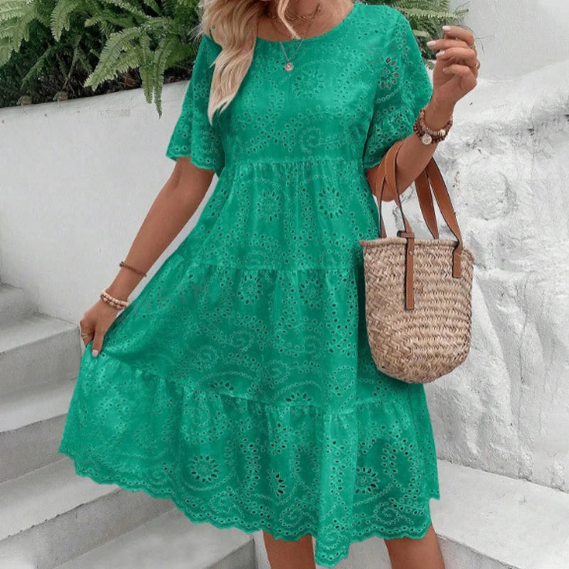 Women’s Floral Cut-Out Embroidered Round Neck Dress