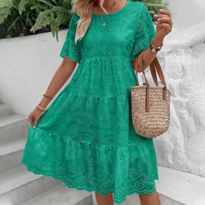 Women’s Floral Cut-Out Embroidered Round Neck Dress