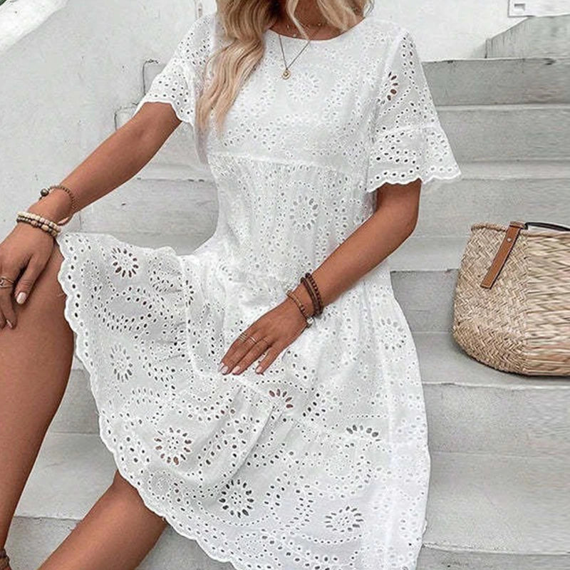 Women’s Floral Cut-Out Embroidered Round Neck Dress