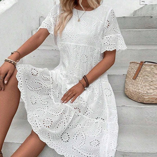 Women’s Floral Cut-Out Embroidered Round Neck Dress