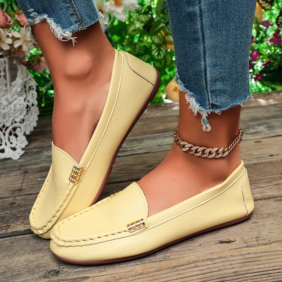 Women's Gold Buckle Slip On Loafers
