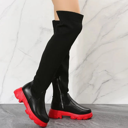 Women’s Stretch Knit Over The Knee Chunky Sole Boots