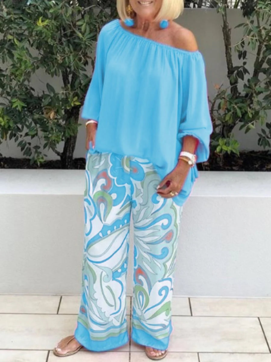 Women's Off-Shoulder Top and Printed Trousers Set