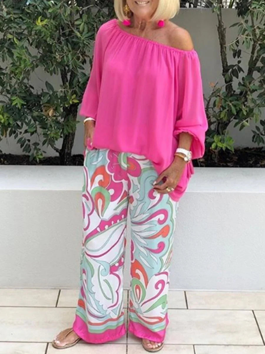 Women's Off-Shoulder Top and Printed Trousers Set