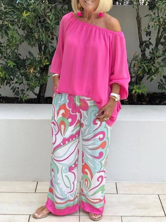 Women's Off-Shoulder Top and Printed Trousers Set