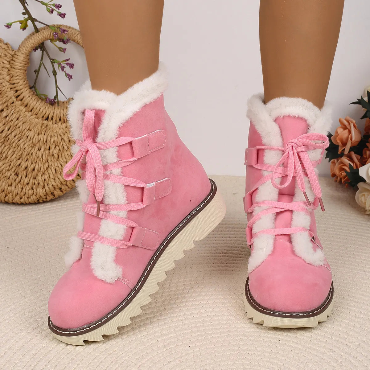 Women’s Plush Cuffed Chunky Heel Ankle Boots