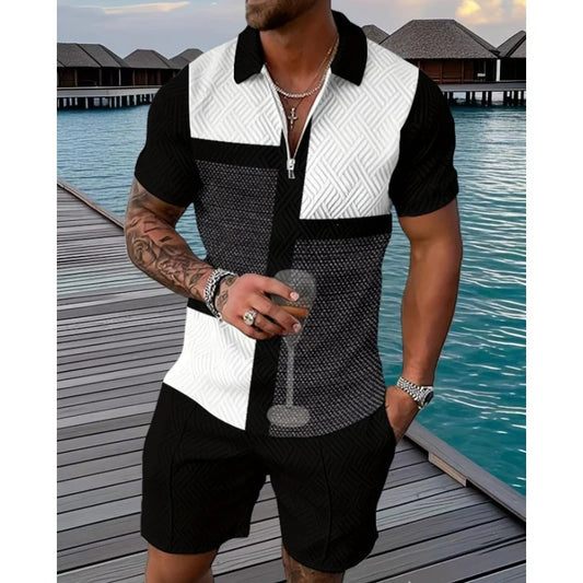 Men’s Colour-Block Polo Shirt and Shorts Set