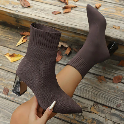 Women’s Pointed Toe Knit Sock Ankle Boots with Chunky Heel