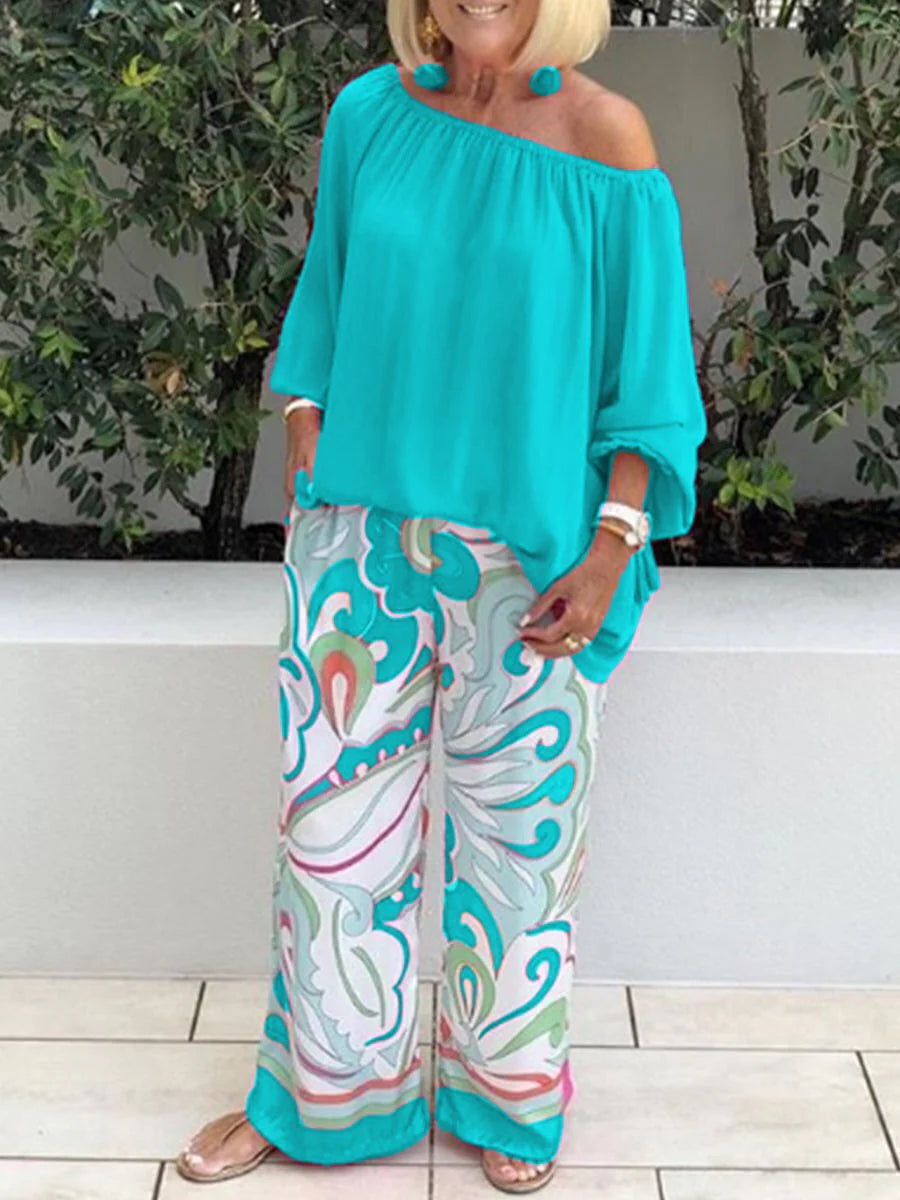 Women's Off-Shoulder Top and Printed Trousers Set