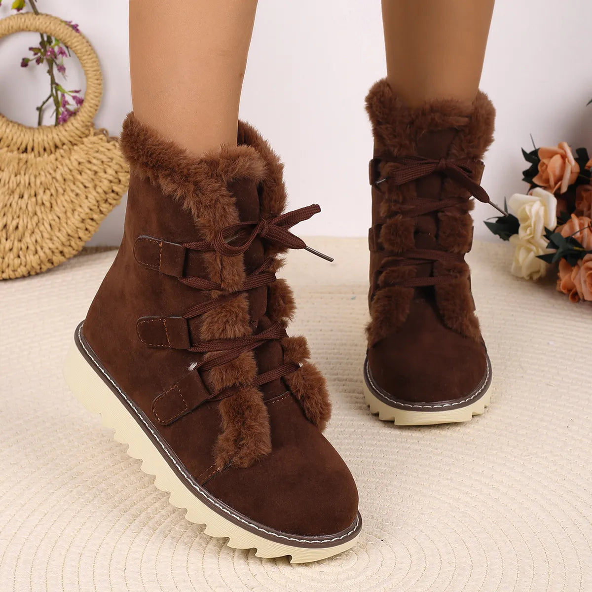 Women’s Plush Cuffed Chunky Heel Ankle Boots