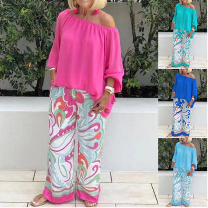 Women's Off-Shoulder Top and Printed Trousers Set