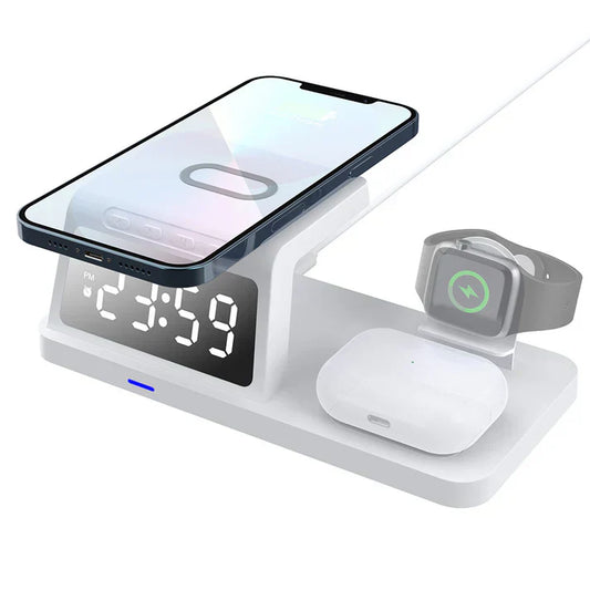 4-in-1 Fast Wireless Charging Station with LED Clock & Bluetooth Speaker