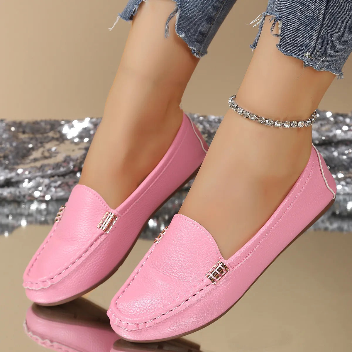 Women's Gold Buckle Slip On Loafers