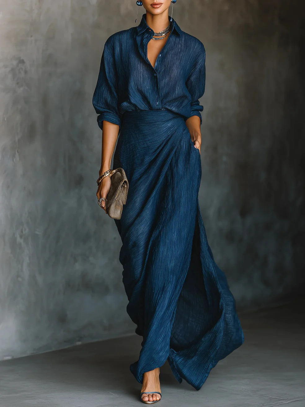 Women's Collared Draped Maxi Dress