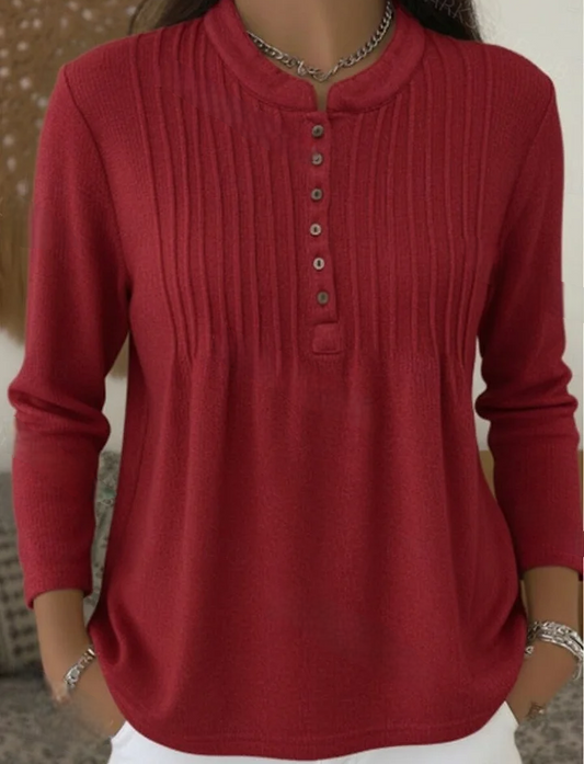 Women’s Ribbed Knit Button Placket Crew Neck Top