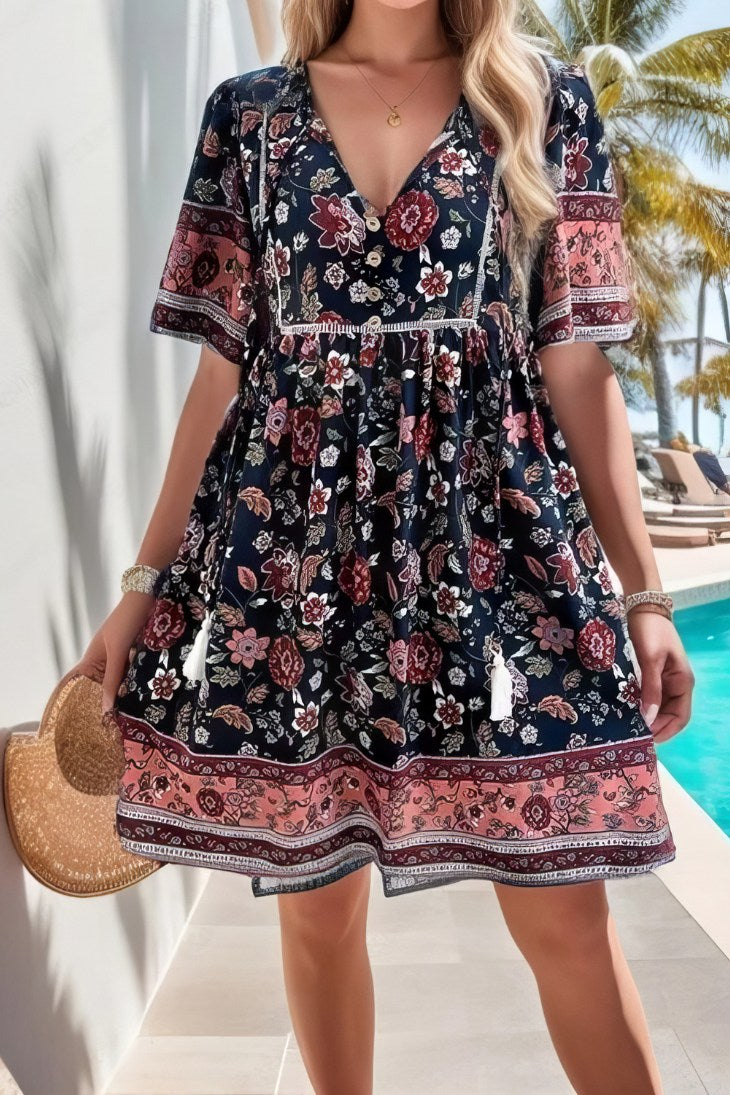 Boho Floral Tassel Mini Dress – Relaxed Summer Fit