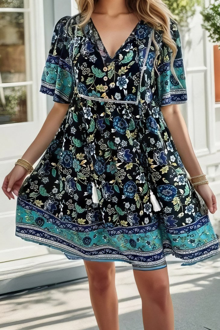 Boho Floral Tassel Mini Dress – Relaxed Summer Fit
