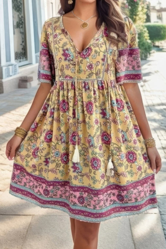 Boho Floral Tassel Mini Dress – Relaxed Summer Fit