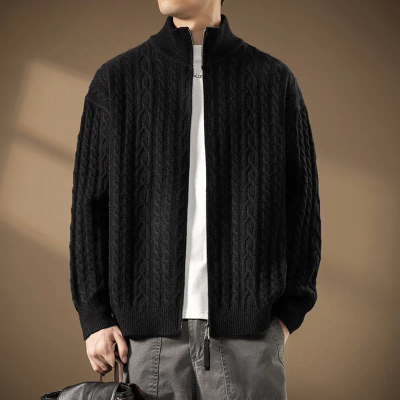 Men's Plush Cable-Knit Zip-Up Cardigan