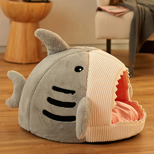 Shark Shaped Plush Cave Bed for Cats and Small Dogs