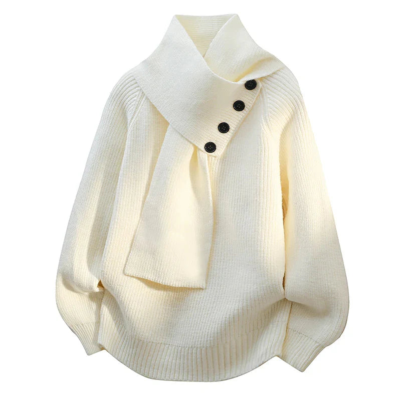 Women’s Buttoned Scarf-Neck Rib-Knit Cosy Sweater