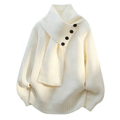 Women’s Buttoned Scarf-Neck Rib-Knit Cosy Sweater