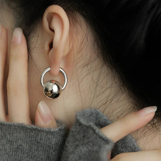 Women’s Minimalist Silver Hoop Earrings with Sphere Drop