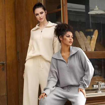 Women’s Ribbed Half-Zip Wide-Leg Knit Lounge Set