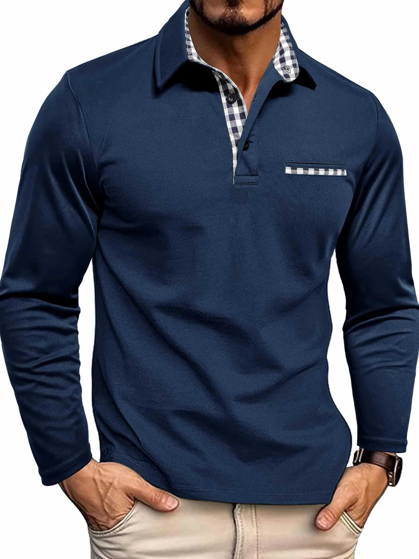 Men’s Contrast-Detail Slim Fit Long Sleeve Polo Shirt