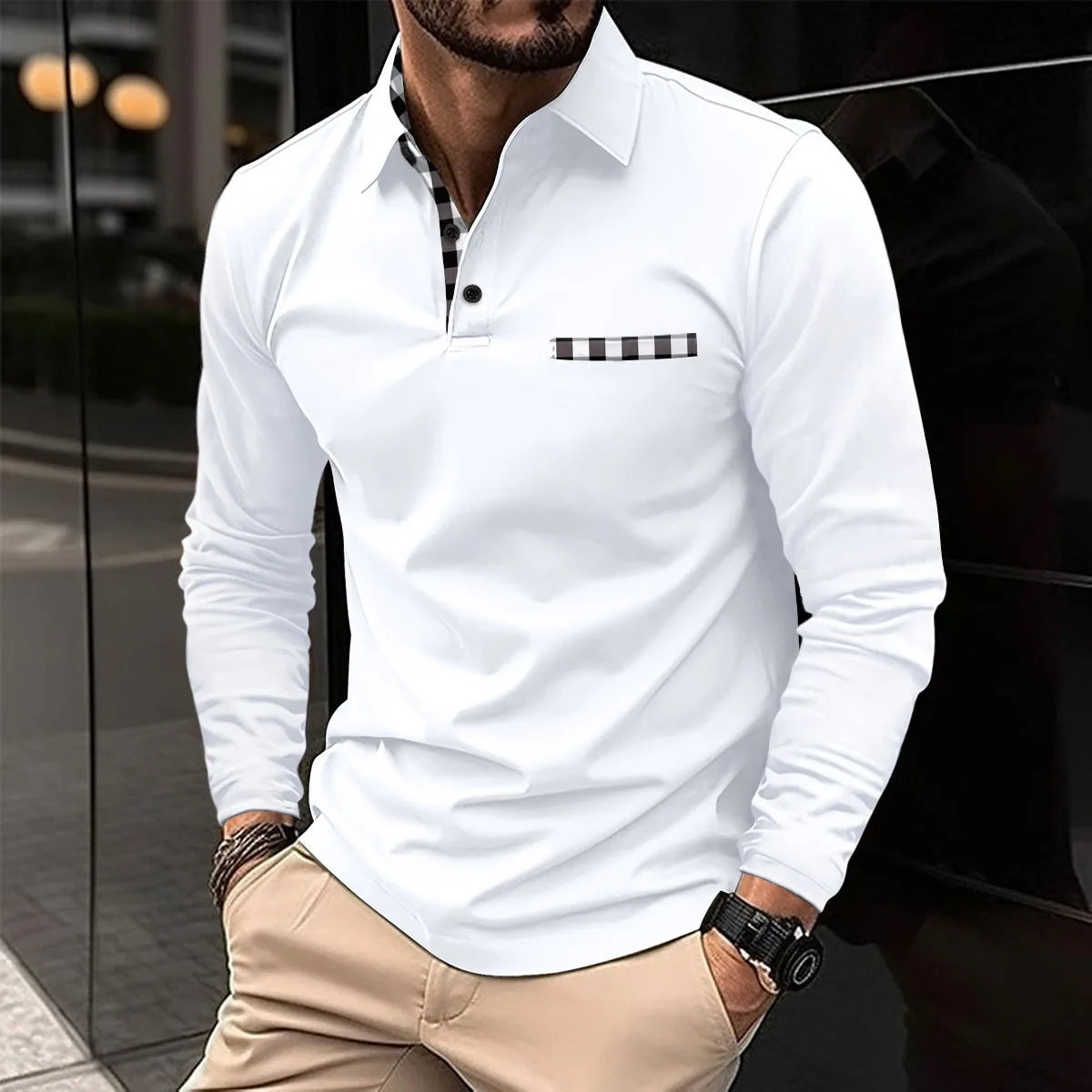 Men’s Contrast-Detail Slim Fit Long Sleeve Polo Shirt