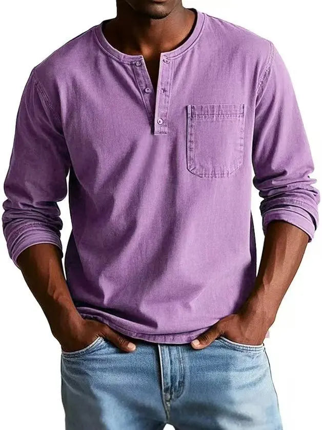 Men’s Vintage Henley Denim Shirt with Chest Pocket