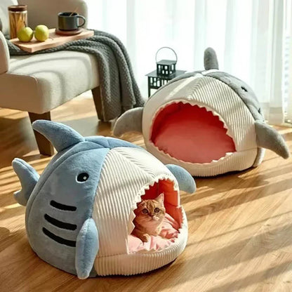 Shark Shaped Plush Cave Bed for Cats and Small Dogs