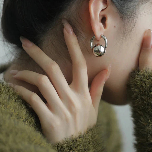 Women’s Minimalist Silver Hoop Earrings with Sphere Drop