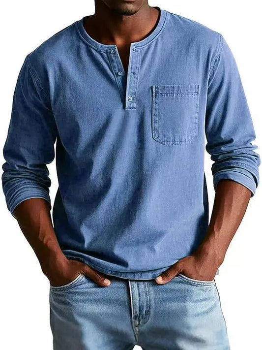 Men’s Vintage Henley Denim Shirt with Chest Pocket