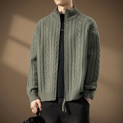 Men's Plush Cable-Knit Zip-Up Cardigan