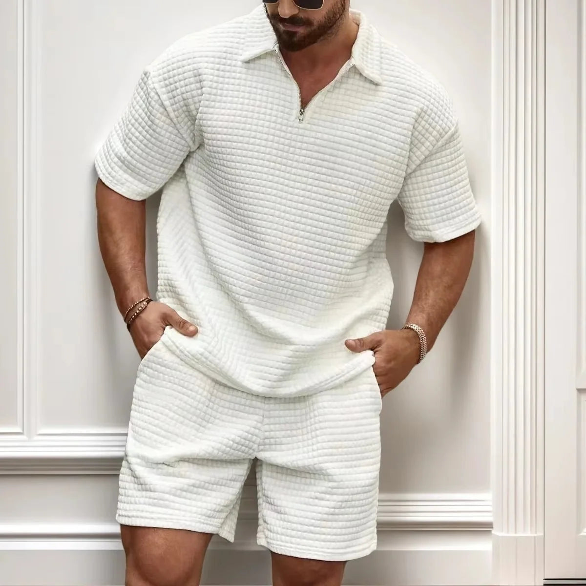 Men's Waffle Polo & Shorts Set