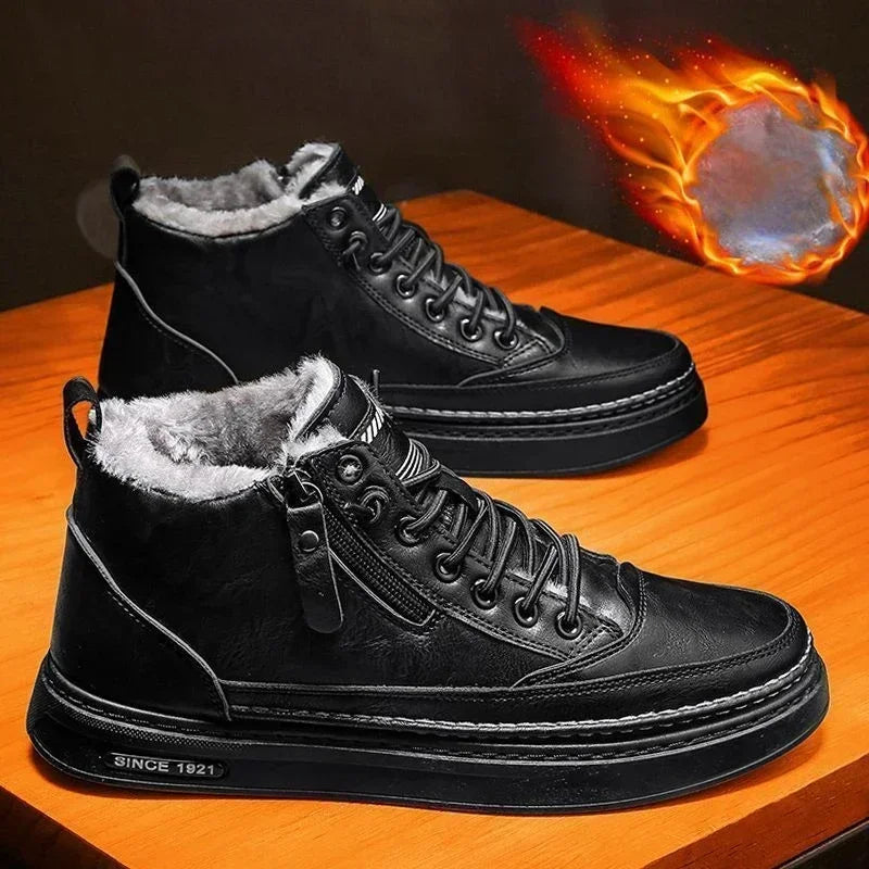 Men’s Fleece-Lined Leather-Look High-Top Trainers