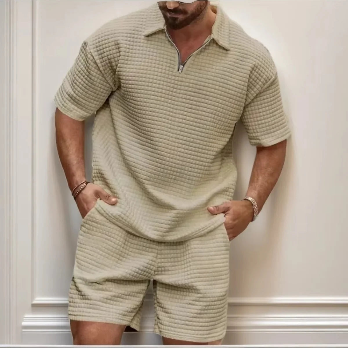 Men's Waffle Polo & Shorts Set